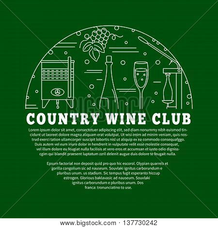 Winemaking, wine tasting flyer, poster with winery symbols in circle with place for your text. Vector template with winery graphic design elements in mono line style isolated on green background.