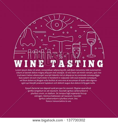 Winemaking, wine tasting flyer, poster with winery symbols in circle with place for your text. Vector template with winery graphic design elements in mono line style isolated on red background.
