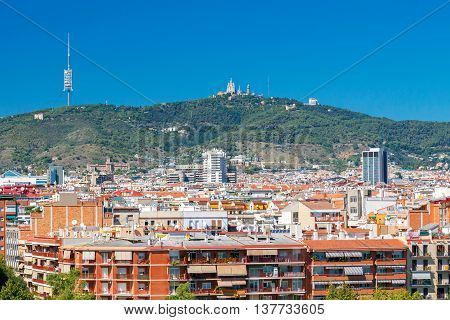 Aerial view of the city and Mount Tibidabo. Barcelona. Spain.