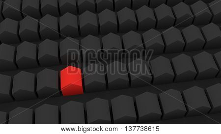 Grey houses in rows. One house in the array is highlighted by red color. 3D illustration.