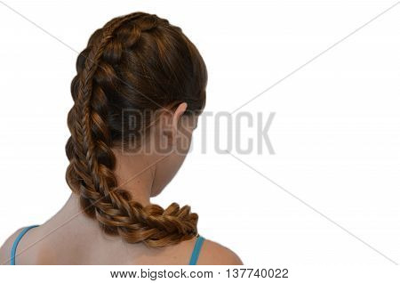 Weaving with long hair - young girl in blue on a white background
