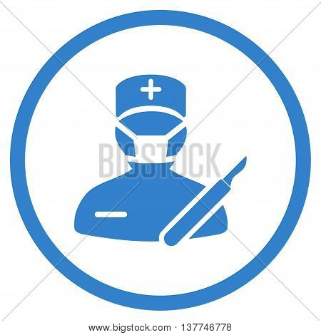 Surgeon vector icon. Style is flat circled symbol, cobalt color, rounded angles, white background.