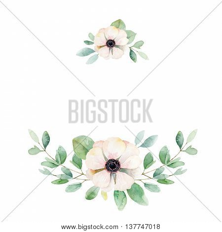 Floral composition with anemone and leaves. Watercolor illustration