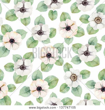 Seamless floral pattern with anemones. Watercolor illustration