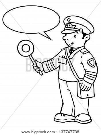 Coloring picture or coloring book of funny railroader in uniform. Profession series. Children vector illustration. With balloon for text.