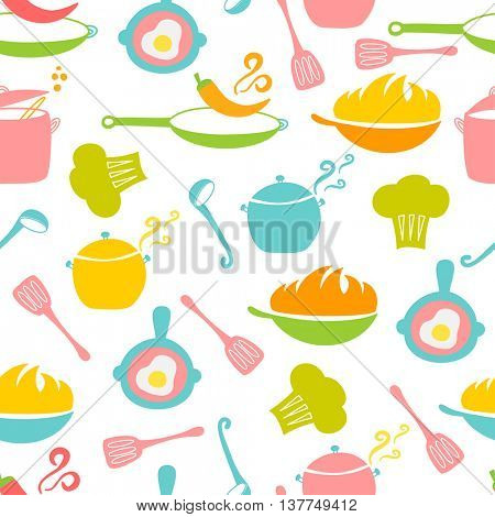 Kitchen elements seamless pattern. Wok, pan, pot, soup, fried egg, spoon, scoop, chilli pepper, stewpot