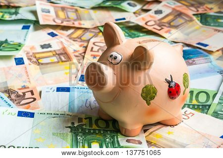 Piggy Bank In A Pile Of Euro Money