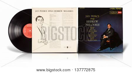 Rishon Le Zion, Israel - July 7, 2016:  Old vinyl album Jan Peerce Sings Hebrew Melodies. Record compilation of Jewish songs in Hebrew and Yiddish