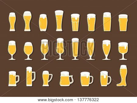 Vector flat icon beer with foam in mugs and glasses