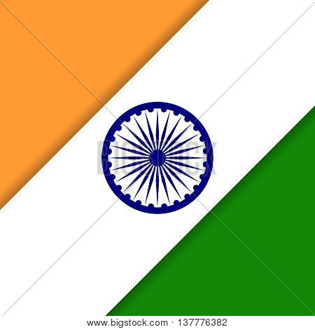 India Independence day. Vector diagonal background with Indian national flag, deep saffron, white and green colors. 15th of august design element with Dharma wheel
