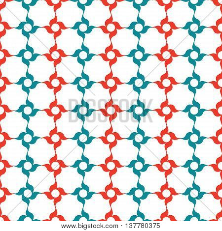 Arabesque lattice of stylized red and blue four-petal flowers on white background. Seamless repeat.