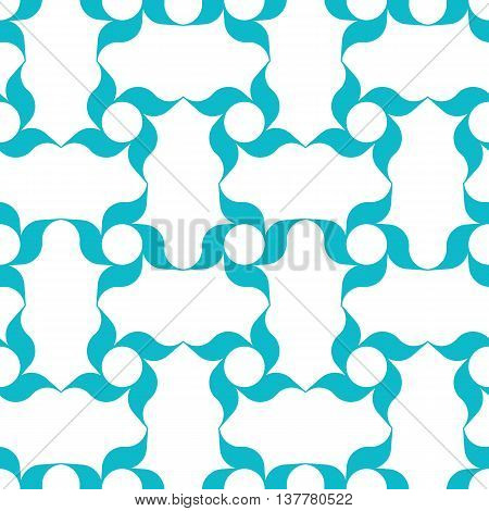 Arabesque lattice of stylized blue four-petal flowers on white background. Seamless repeat.