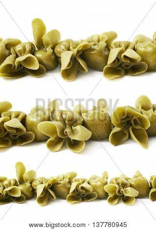 Line of sacchettoni stuffed sacchetti pasta isolated over the white background, set of three different foreshortenings