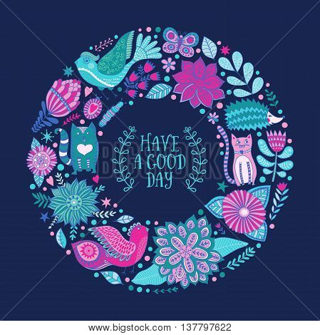 Wreath illustration made of flowers and herbs. Vector decorative frame and leaf. Spring elements. Floral doodles wreath.