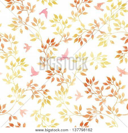 Autumn leaves and birds. Watercolor naive autumn seamless pattern