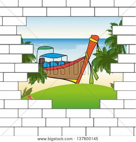 break in the brick wall with a beautiful ocean beach and Longtail boat vector illustration