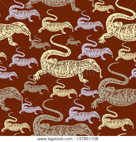 Desert Varan colourful seamless vector pattern on brown background. Realistic engraved style.