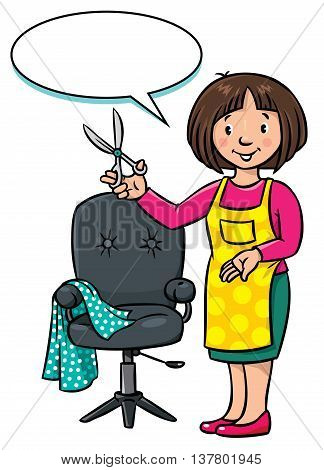 Children vector illustration of funny woman hairdresser with scissors near the barber chair. Profession ABC series. With balloon for text.