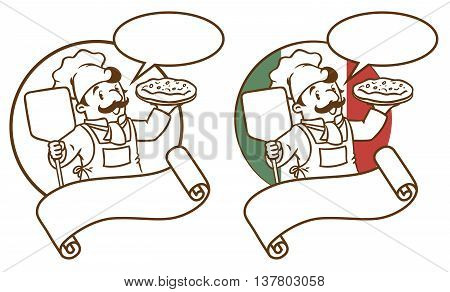 Emblem of funny cook or chef or baker with pizza on background colors of the Italian flag. Two monochrome version. Children vector illustration. With balloon for text and cartouche.