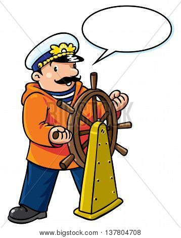 Children vector illustration of funny captain or sailor, or yachtsman in coat, at the helm. Profession series. With balloon for text