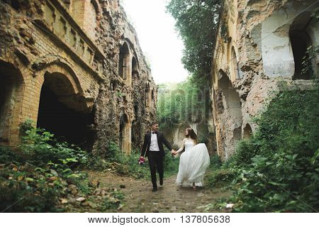 Amazing happy gentle stylish beautiful romantic caucasian couple on the background ancient baroque castle.