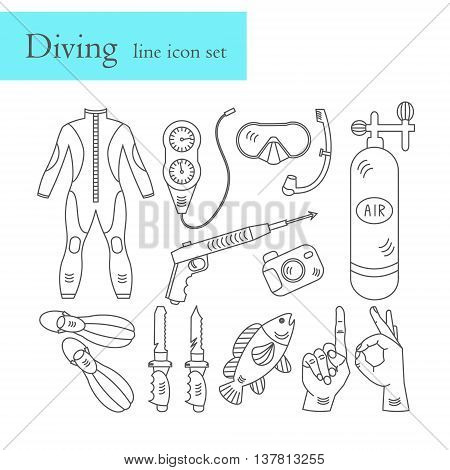 Vector line icons with diving equipment. Linear icons of scuba, oxygen balloon, diver knife, harpoon, spear gun, gauge, camera.