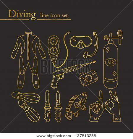 Vector line icons with diving equipment. Linear icons of scuba, oxygen balloon, diver knife, harpoon, spear gun, gauge, camera.