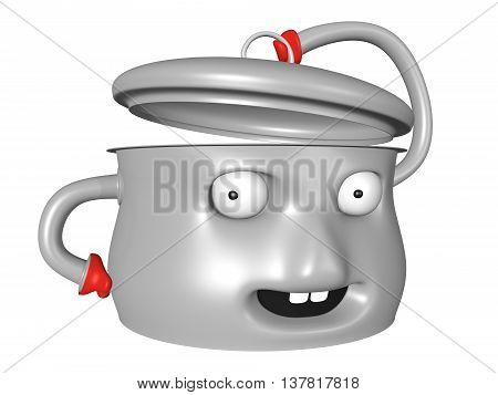 Happy pot character with smile holding lid open. 3D illustration.