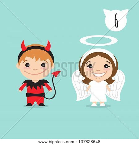 Vector illustration of two happy cute kids characters. Boy in imp or little devil costume and a girl in angel costume.