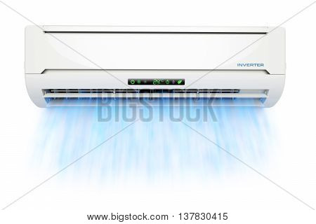 Air conditioner with cold blue airflow isolated on white background 3d