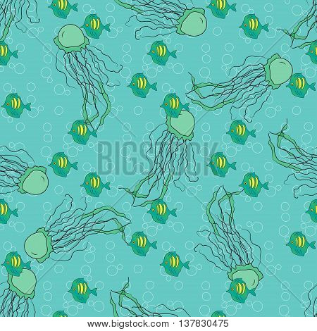 Seamless pattern with doodle hand drawn tropical marine jellyfish and fish on sea background with bubbles. Vector sea fauna for children textile. packaging, walpaper, fabric