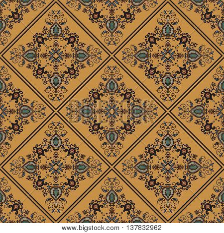 Seamless geometric pattern in ethnic oriental islamic style. Abstract golden and ochra background. Vector illustration in boho vintage style for design of fabric invitation card textile wallpaper