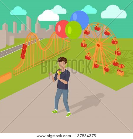 Family holiday in the amusement park vector illustration. City entertainment in the summer vacation concept. Child holding air balloons and eating ice-cream near attractions.