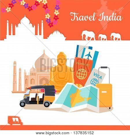 Travel India poster in flat style design. Discovering India Vector Design Template. Vacation journey to Indian attractive concept. Architecture, relics, transport, documents, suitcase illustration.
