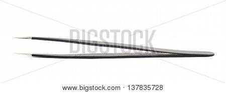 Black metal anti-static tweezers tool isolated over the white background