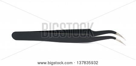 Black metal anti-static tweezers tool isolated over the white background