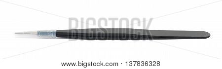 Black metal anti-static tweezers tool with the protection cap, composition isolated over the white background