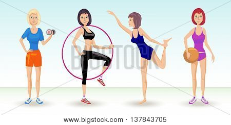 Young women involved in sports. Girls in sportswear. Vector drawing.