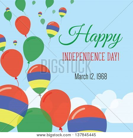 Independence Day Flat Greeting Card. Mauritius Independence Day. Mauritian Flag Balloons Patriotic P