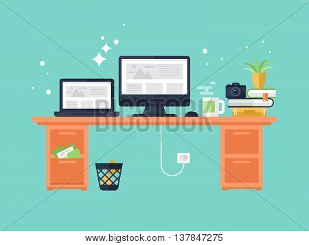 Flat modern design with laptop for office workplace