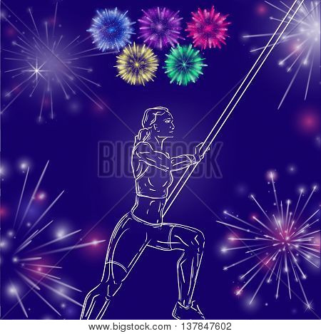 Vector illustration of female doing pole valute. Realistic Fireworks.