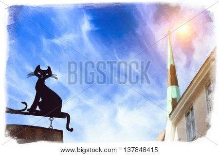 Tallinn Estonia. Metal profile of a cat against the sky on Pikk street in the old town. Photo stylized watercolor illustration