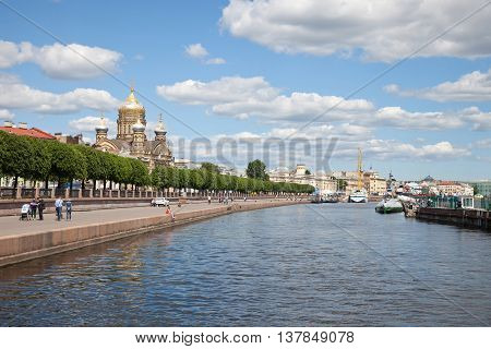 St. Petersburg. A view from Neva on church of the Dormition of the Theotokos and Lieutenant Schmidt Embankment