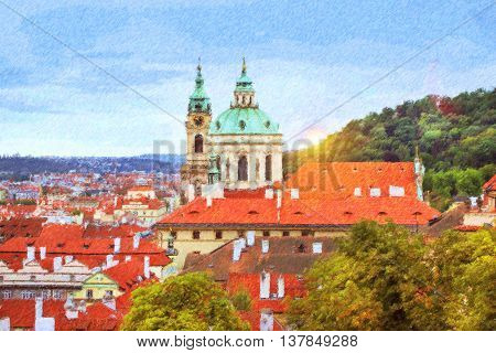Church of St. Nicholas (Kostel svateho Mikulase na Male Strane) in Prague Czech Republic. Autumn landscape with a view of the red roofs. Photo stylized illustration