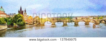 Panorama view to Charles Bridge Vltava river Old Town Prague Czech Republic. Photo stylized illustration