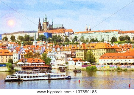 Scenic summer aerial view of Prague Castle (Prazsky hrad) and Old Town pier architecture over Vltava river in Prague Czech Republic. Photo stylized illustration