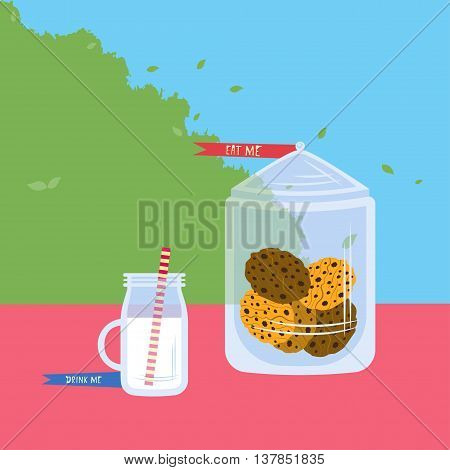 Cookies and milk Vector illustration Jar with different cookies and glass of milk Flat design