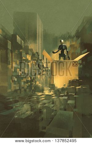 robot in the big cardboard box stand out in the crowd, illustration painting