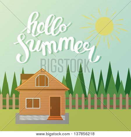Hello summer, summer time. Poster on beach background. Handdrawn, lettering design for invitation and greeting card. Vector Illustration.