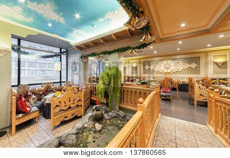 MOSCOW/RUSSIA - DECEMBER 2014. The interior of the deluxe restaurant of Uzbek cuisine - Babay Club in an oriental style.